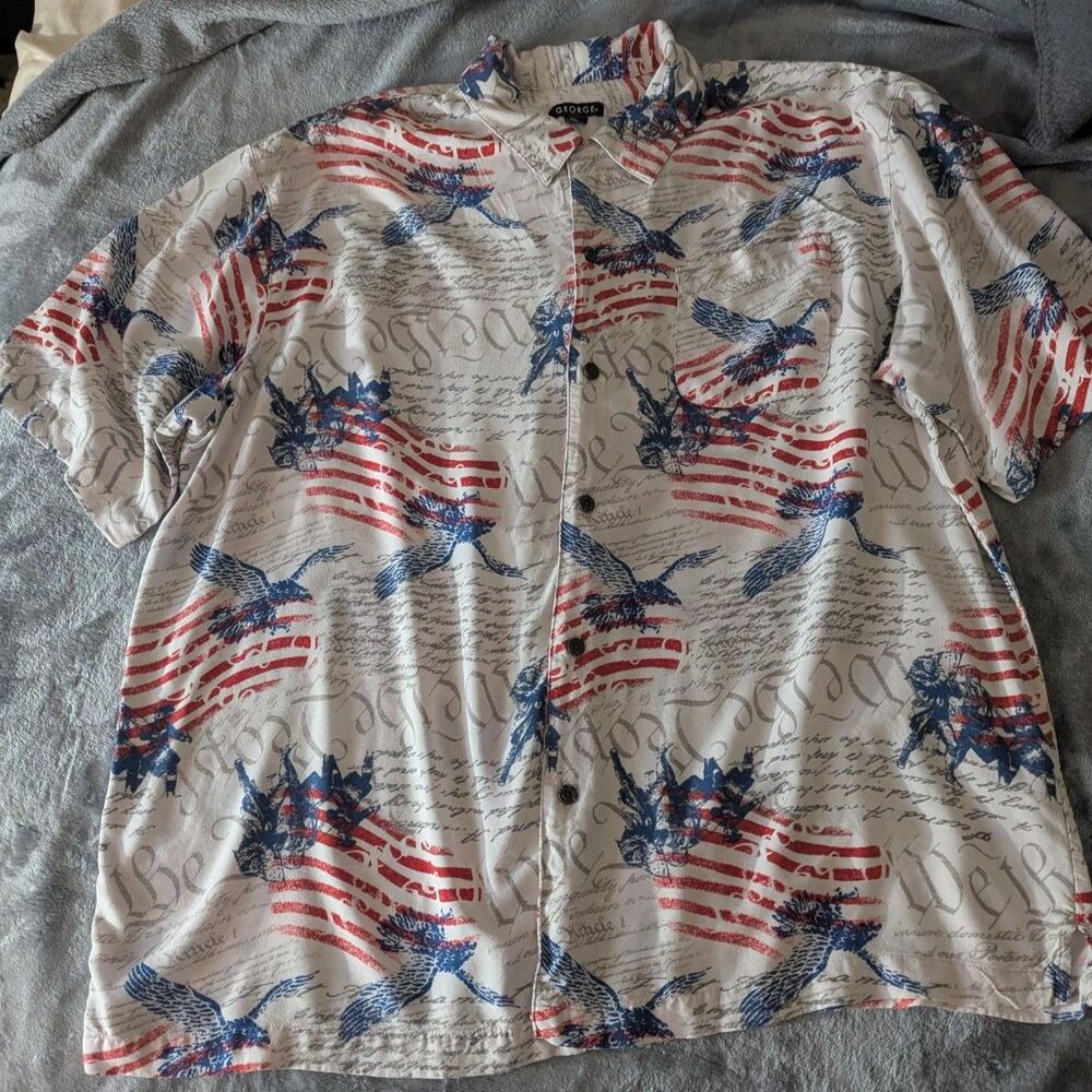 George Mens XL Patriotic Rayon Shirt American Flag forth of july USA Buttons